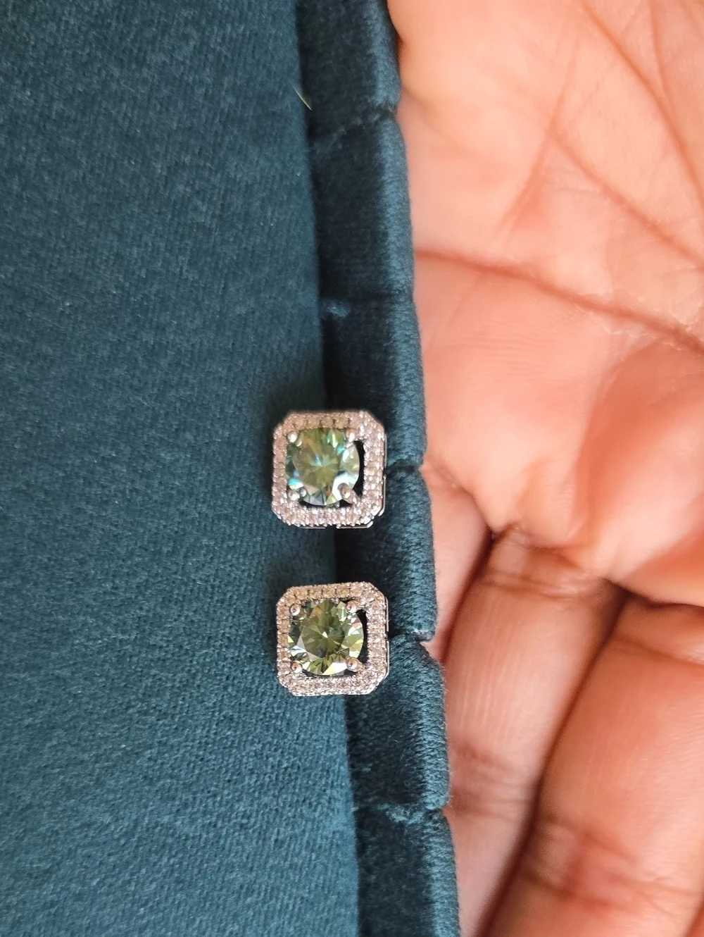 Green Moissanite Halo Square Stud Earrings On Sterling Silver